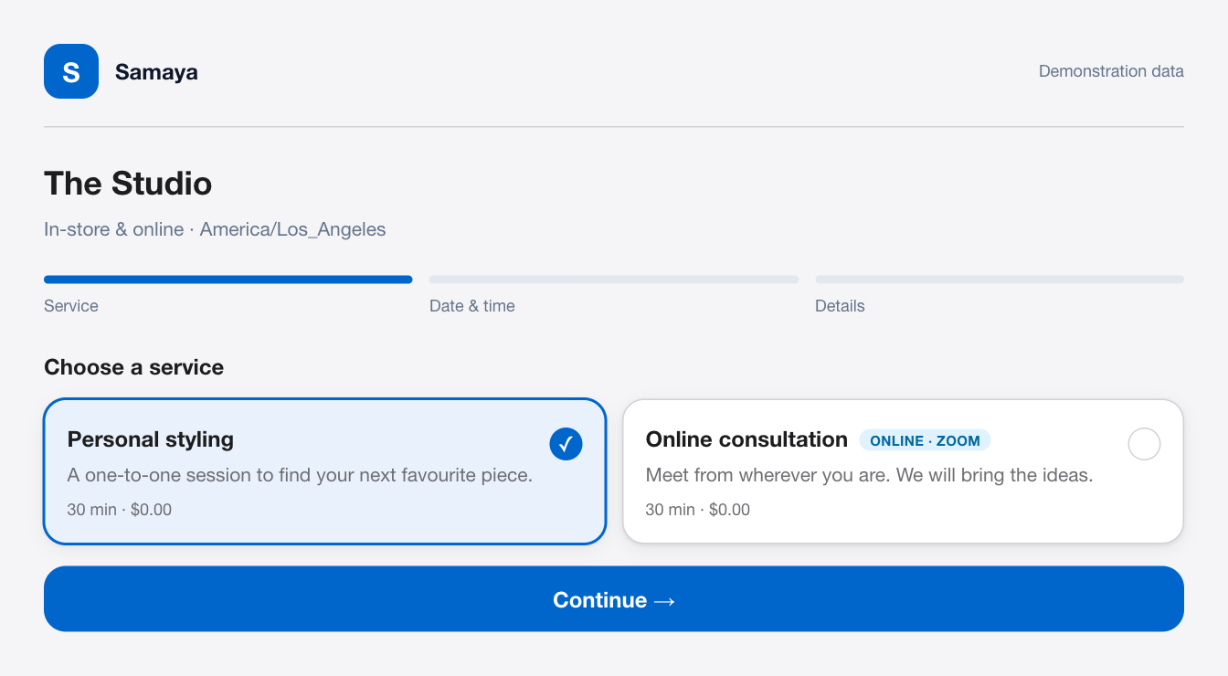 Actual Samaya service picker showing personal styling and an online consultation with synthetic demonstration data.