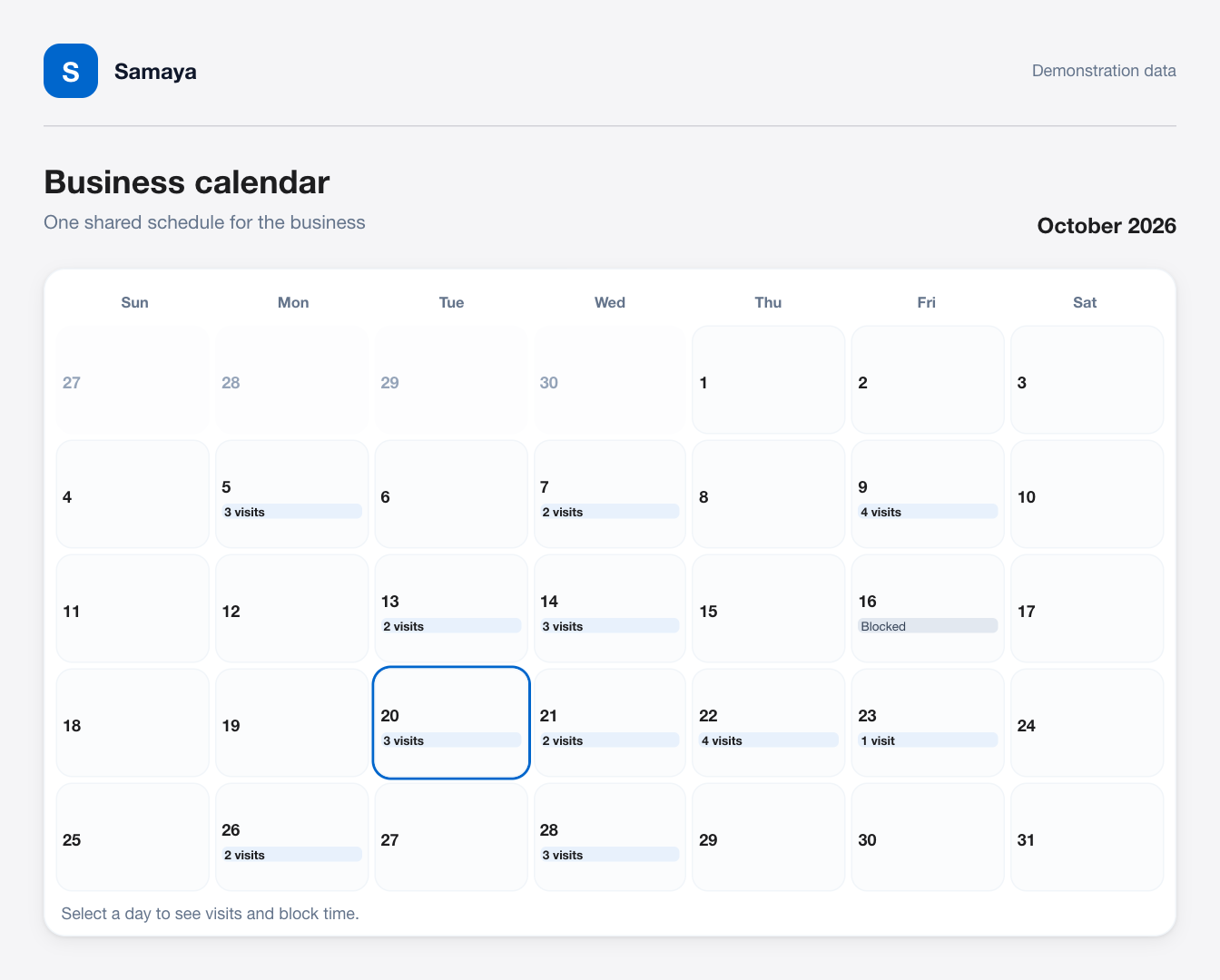Actual Samaya monthly calendar showing example visit counts and blocked time, using synthetic demonstration data.